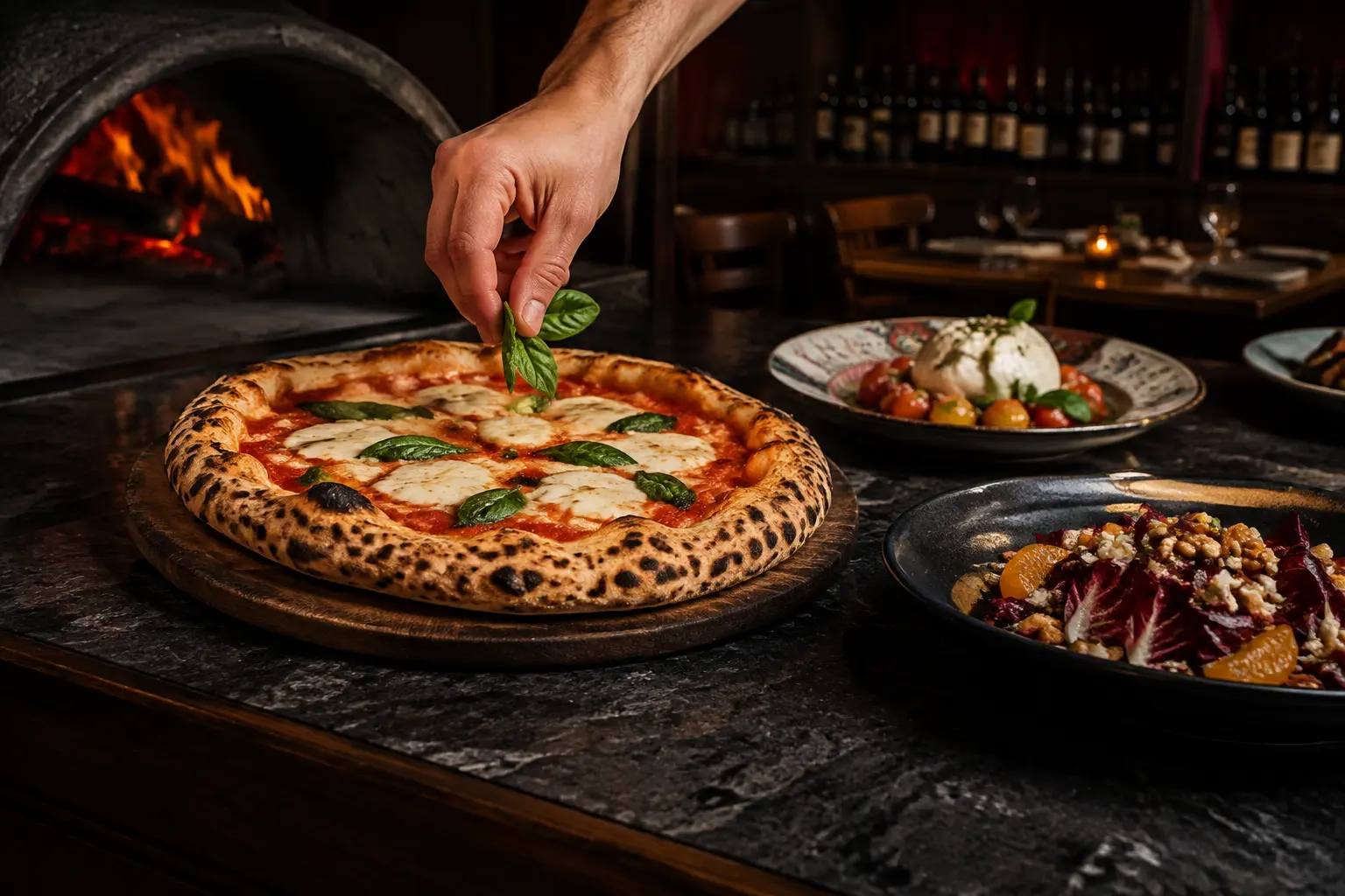 Pizza artigianale appena sfornata con basilico, nel ristorante Sikania